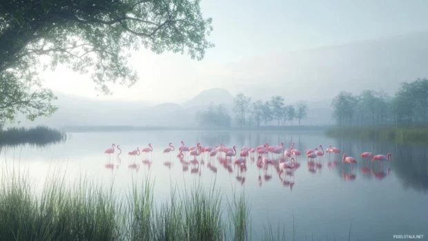 Pretty flamingo flock gathering by lakeside.