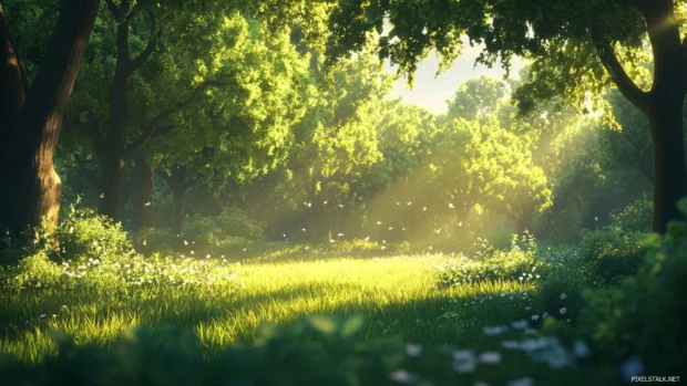 Pretty forest glade illuminated by morning light inspired by Pretty nature landscape wallpaper.