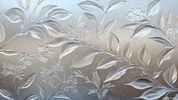 Pretty frost patterns etched on window glass.