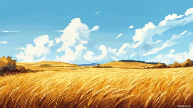 Pretty golden wheat fields swaying in breeze.
