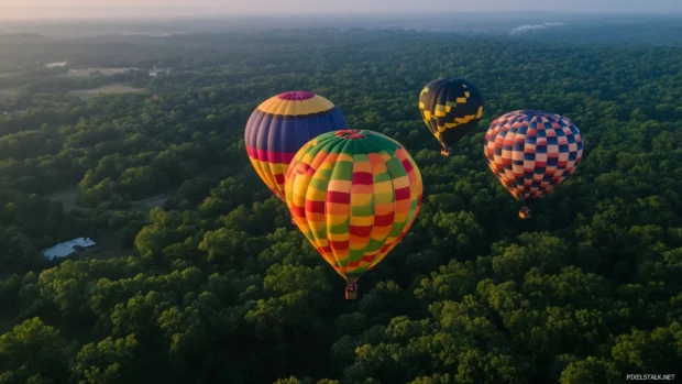 Pretty hot air balloons soaring above valleys.