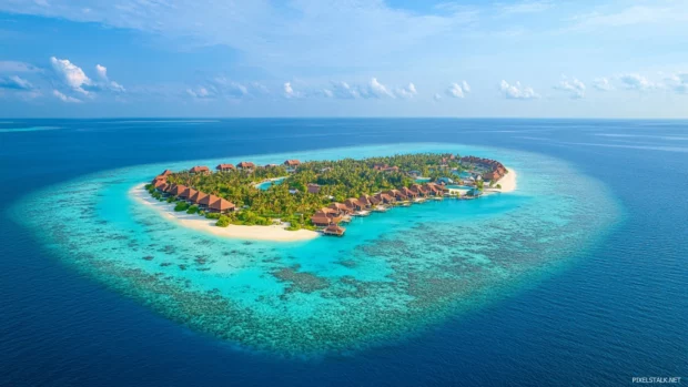 Pretty island paradise surrounded by turquoise sea.