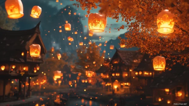 Pretty lanterns floating above a festive autumn village.