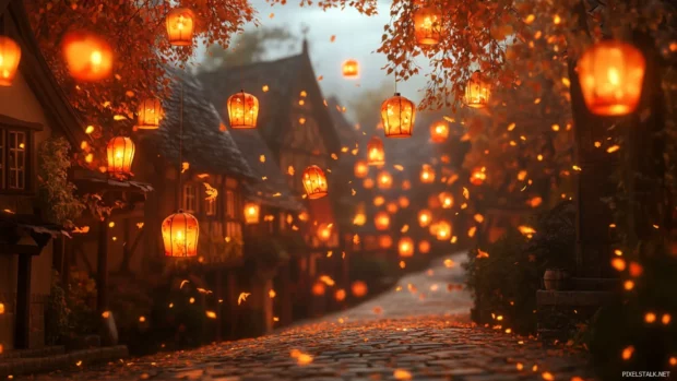 Pretty lanterns lighting up an autumn village.