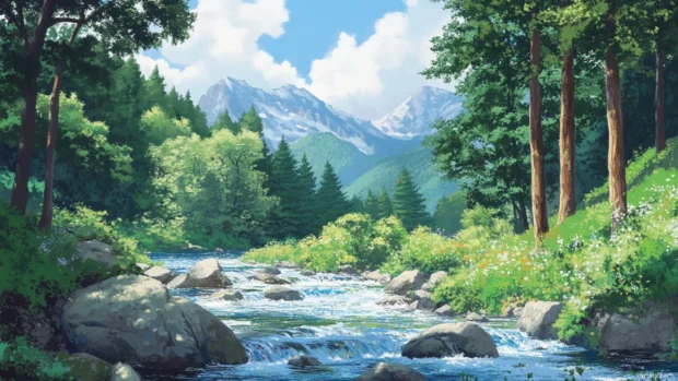 Pretty mountain stream weaving through lush valley.
