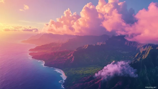 Pretty ocean scenery wallpaper featuring a valley surrounded by dreamy pink clouds.
