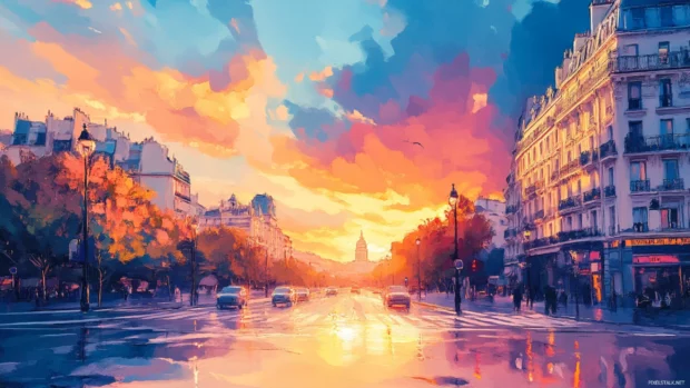 Pretty pastel art wallpaper, Pretty vibrant cityscape at golden hour.