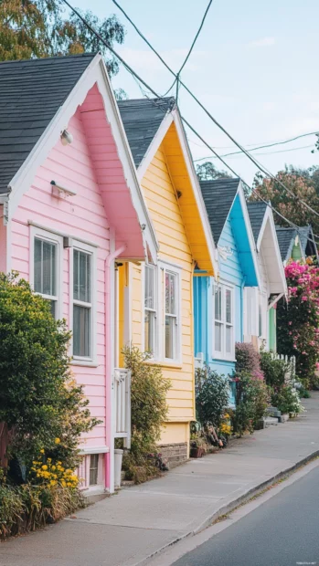 Pretty pastel houses lined along quiet street.