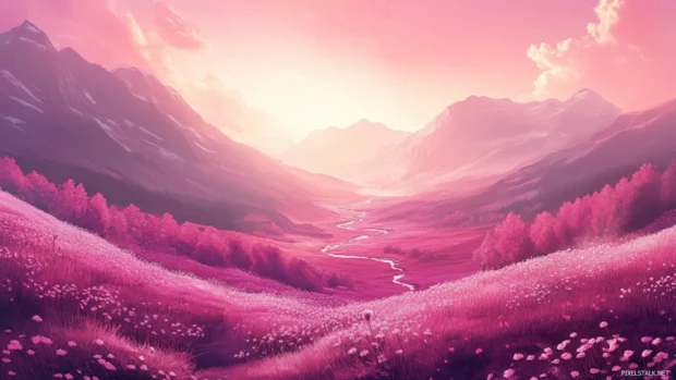Pretty pink computer wallpaper, Pretty pastel valley stretching towards mountains.