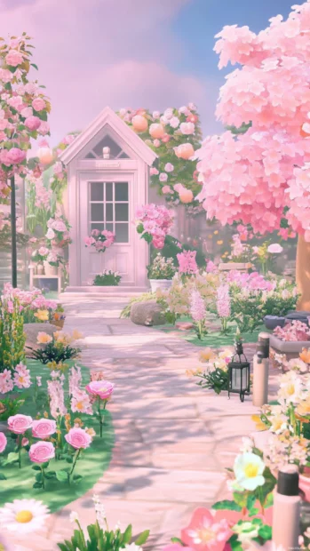 Pretty pink garden with soft morning light inspired by Cute pretty phone background.