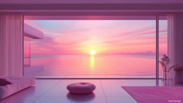 Pretty pink sunset glowing above calm ocean, Pretty sky view wallpaper.