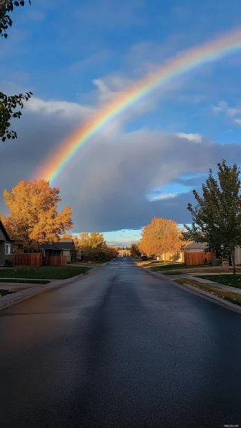 Pretty rainbow arching across morning sky.