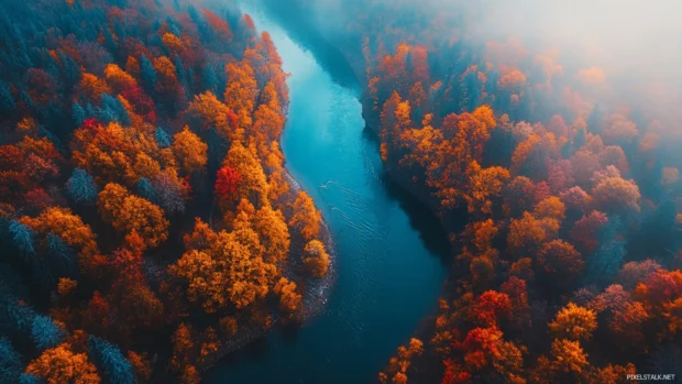 Pretty river winding through colorful autumn forest inspired by Soft pretty desktop background.