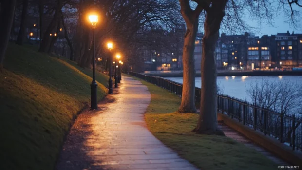 Pretty riverside paths glowing in evening light.