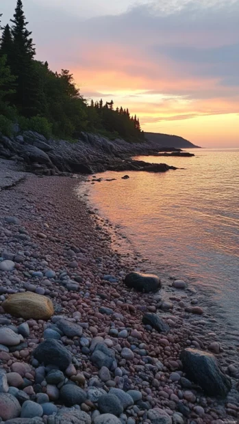 Pretty rocky shoreline bathed in pink sunset.