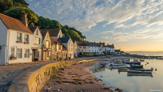 Pretty seaside village basking in afternoon sun.
