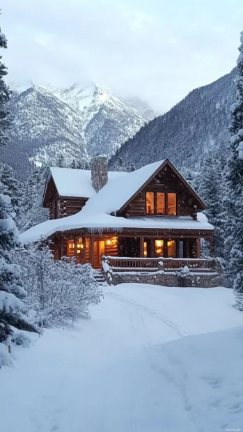 Pretty snow covered cabin hidden in mountains.