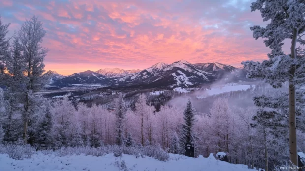 Pretty snow dusted mountains under a pastel morning sky.