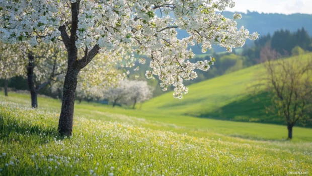Pretty spring blossoms scattered across rolling hills.