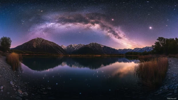 Pretty starlit sky above serene mountain lake, Pretty dreamy wallpaper.