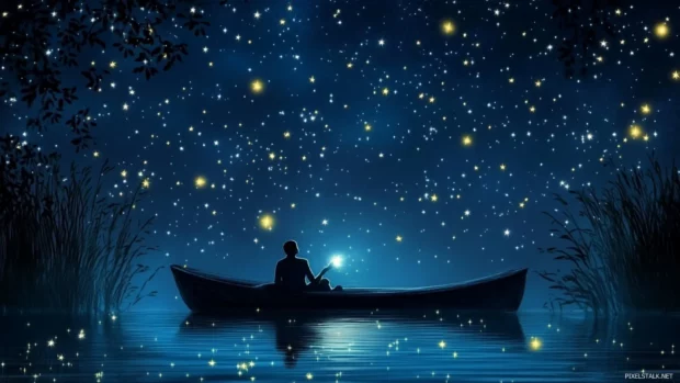 Pretty stars twinkling over midnight lake, Dreamy pretty wallpaper for computer.