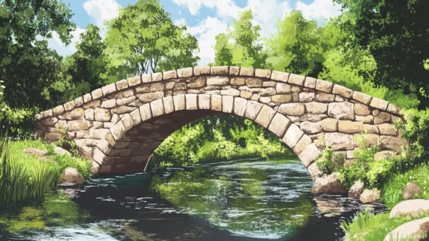 Pretty stone bridge crossing gentle country river.