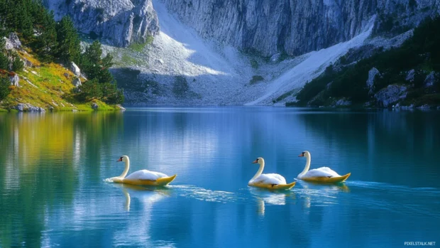 Pretty swans gliding across serene blue lake.