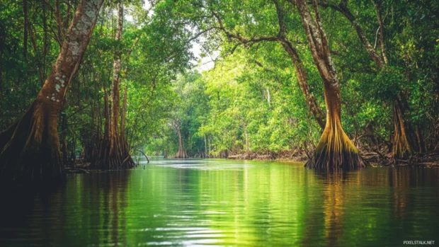 Pretty tree canopies arching over forest streams.