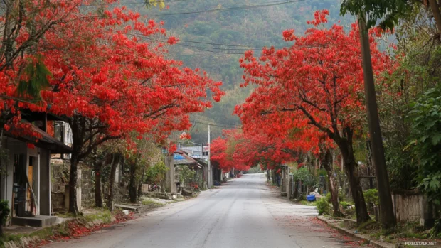 Pretty village roads lined with scarlet trees.