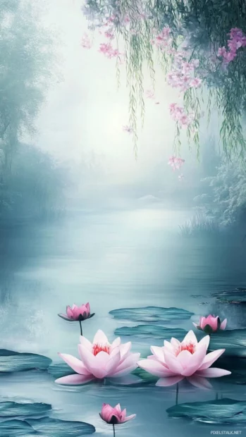 Pretty water lilies floating on misty pond.