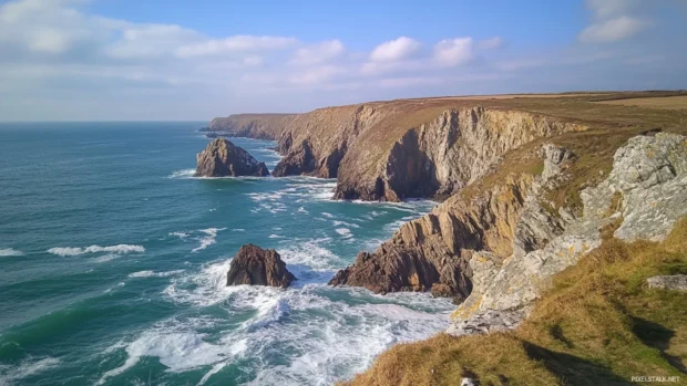 Pretty waves crashing against rocky cliffs.