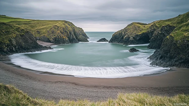 Pretty waves lapping against a hidden sandy cove.