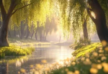 Pretty willow trees swaying over quiet riverbank.