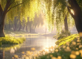 Pretty willow trees swaying over quiet riverbank.
