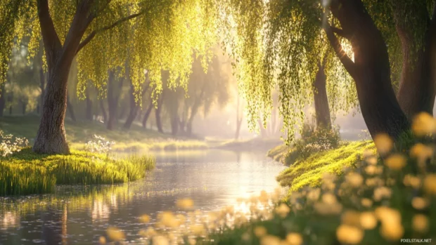 Pretty willow trees swaying over quiet riverbank.