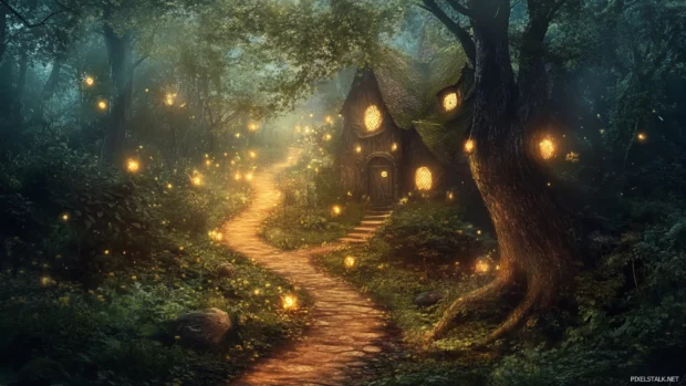 Pretty winding path through enchanted forest.