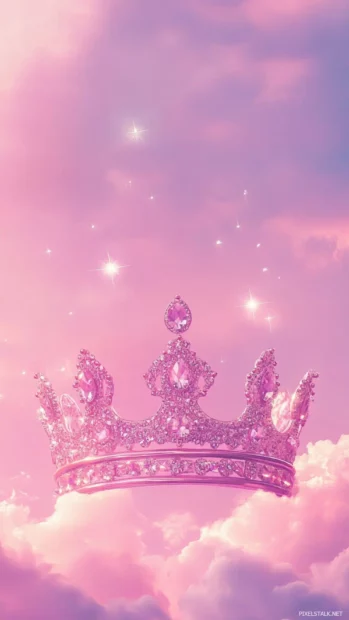 Princess crown and pastel skies in a magical pink girly wallpaper 4K look.