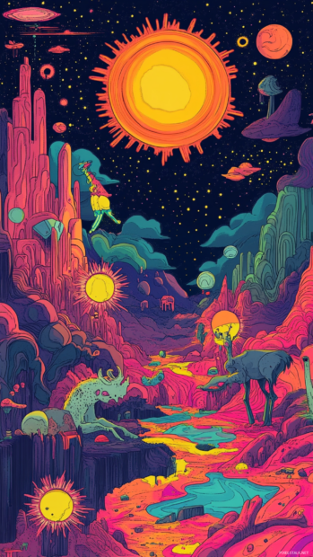Psychedelic comic style dreamscape with distorted animals and pixel suns in cartoon trippy format.
