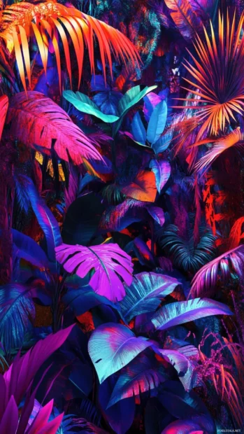 Psychedelic glitch jungle with vibrant color bursts, ideal for cool trippy wallpaper backgrounds.