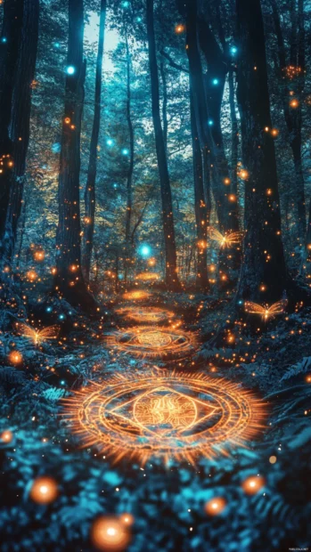 Psychedelic overlay of ancient symbols on top of a dancing firefly filled forest in aesthetic trippy view.