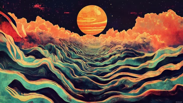 Psychedelic waves of color cascading downwards, a dynamic Vintage Trippy Wallpaper for PC.