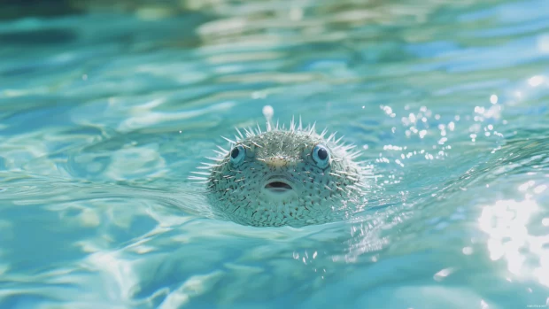 Pufferfish close up, ocean, spiky body inflated, calmly drifting, clear water, soft blue hues.