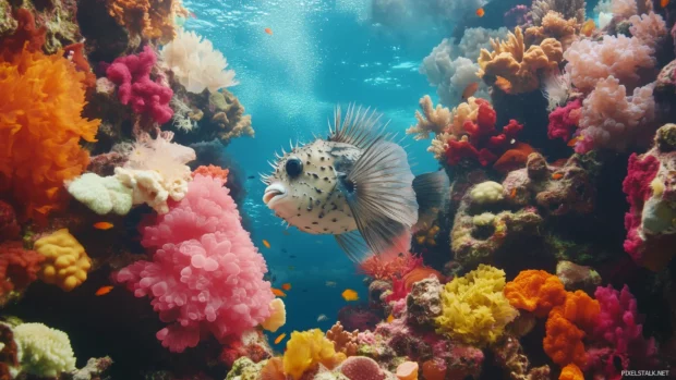 Pufferfish gracefully swimming, vibrant coral reefs, inflated body quills standing out, colorful ocean backdrop.