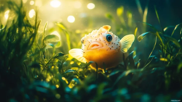Pufferfish natural habitat, inflated, delicate underwater plants, soft light surrounded, peaceful oceanic atmosphere creating.