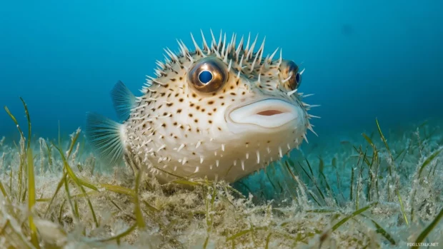 Pufferfish serene scene resting, seagrass patch, body puffed out delicate spines visible, ocean currents gently swaying.