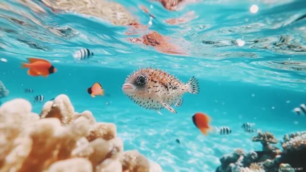 Pufferfish swimming clear blue water, puffed up vibrant textures patterns, surrounded small fish coral.