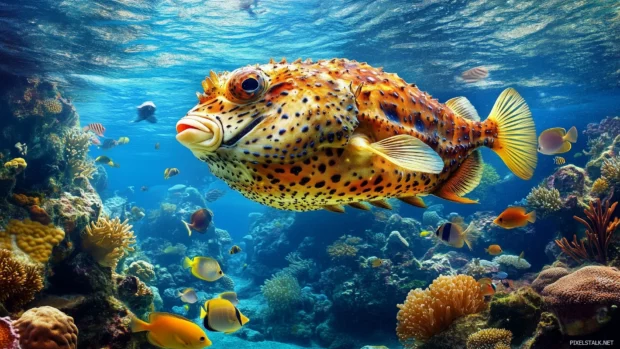 Pufferfish swimming through the clear blue water, puffed up with vibrant textures and patterns on its body, surrounded by small fish and coral.