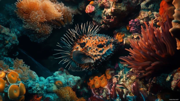 Pufferfish underwater close up, intricate skin textures, spines slightly raised, hovering near colorful coral.