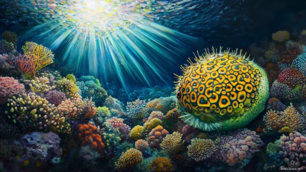 Pufferfish vibrant yellow green patterns, inflated middle, vibrant coral reef, sunlight streaming down.