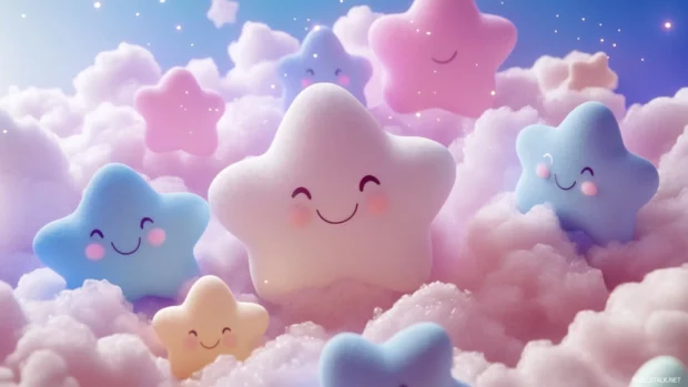 Puffy clouds showered with smiling pastel stars.